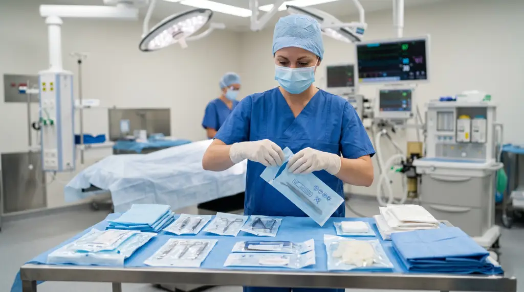 Surgeon in blue scrubs and mask unsealing sterile instrument packs on a table in an operating room.