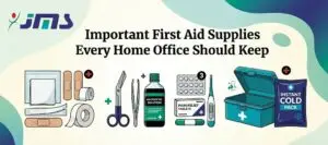 Infographic of essential home first-aid supplies: bandages, tape, scissors, antiseptic, pain relief tablets, thermometer, a first-aid kit, and an instant cold pack.