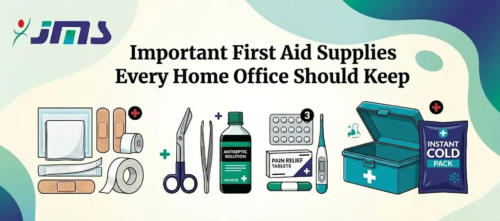 Infographic of essential home first-aid supplies: bandages, tape, scissors, antiseptic, pain relief tablets, thermometer, a first-aid kit, and an instant cold pack.