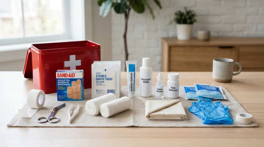 Red first aid kit on a table with assorted medical supplies: Band-Aids, gauze pads, antiseptic wipes, ointment, saline solution, pain relievers, gloves, and scissors.