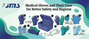 Informational infographic showing various medical gloves (blue, green, latex, sterile surgical, barrier) around a central medical kit to illustrate safety and hygiene uses.