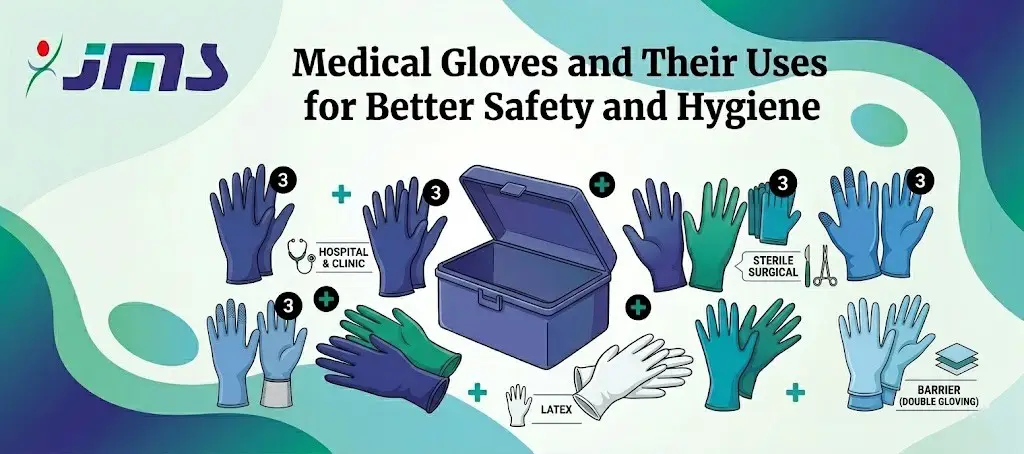 Informational infographic showing various medical gloves (blue, green, latex, sterile surgical, barrier) around a central medical kit to illustrate safety and hygiene uses.